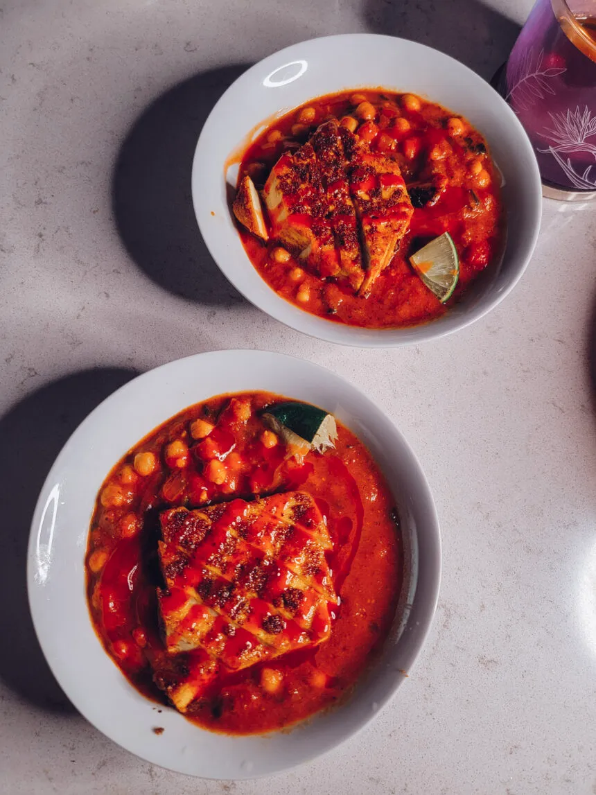 two bowls of spicy chickpea curry