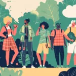 Group of diverse individuals on a wellness journey, striking triumphant poses on a pathway with symbols of plant-based diet and active lifestyle against a backdrop of lush garden