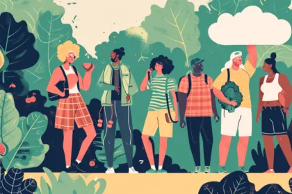 Group of diverse individuals on a wellness journey, striking triumphant poses on a pathway with symbols of plant-based diet and active lifestyle against a backdrop of lush garden