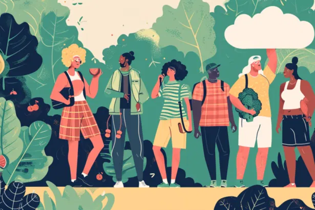 Group of diverse individuals on a wellness journey, striking triumphant poses on a pathway with symbols of plant-based diet and active lifestyle against a backdrop of lush garden