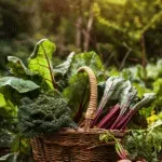 A serene, eco-friendly garden scene with a basket filled with freshly harvested iron-rich vegetables like Swiss chard, kale, and beets.