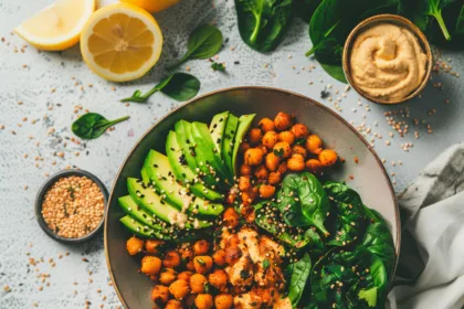 A beautifully plated vegan meal featuring an iron-rich chickpea and quinoa salad, garnished with slices of avocado, a sprinkle of hemp seeds, and a handful of spinach leaves. A small bowl of hummus is on the side, with fresh ingredients like a lemon and cherry tomatoes in the background
