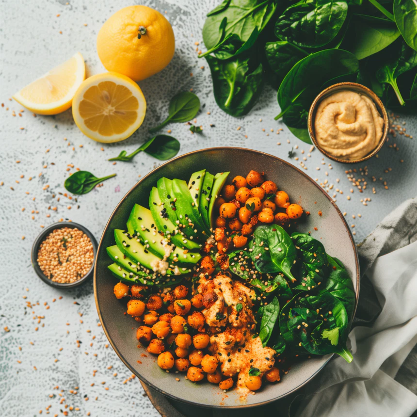 A beautifully plated vegan meal featuring an iron-rich chickpea and quinoa salad, garnished with slices of avocado, a sprinkle of hemp seeds, and a handful of spinach leaves. A small bowl of hummus is on the side, with fresh ingredients like a lemon and cherry tomatoes in the background